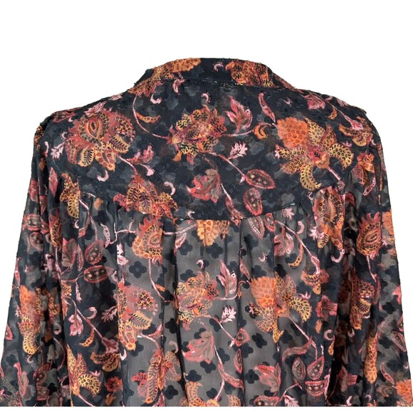 Ophelia Roe Semi Sheer Floral Blouse Women’s M Black Orange Button Front - Picture 6 of 9
